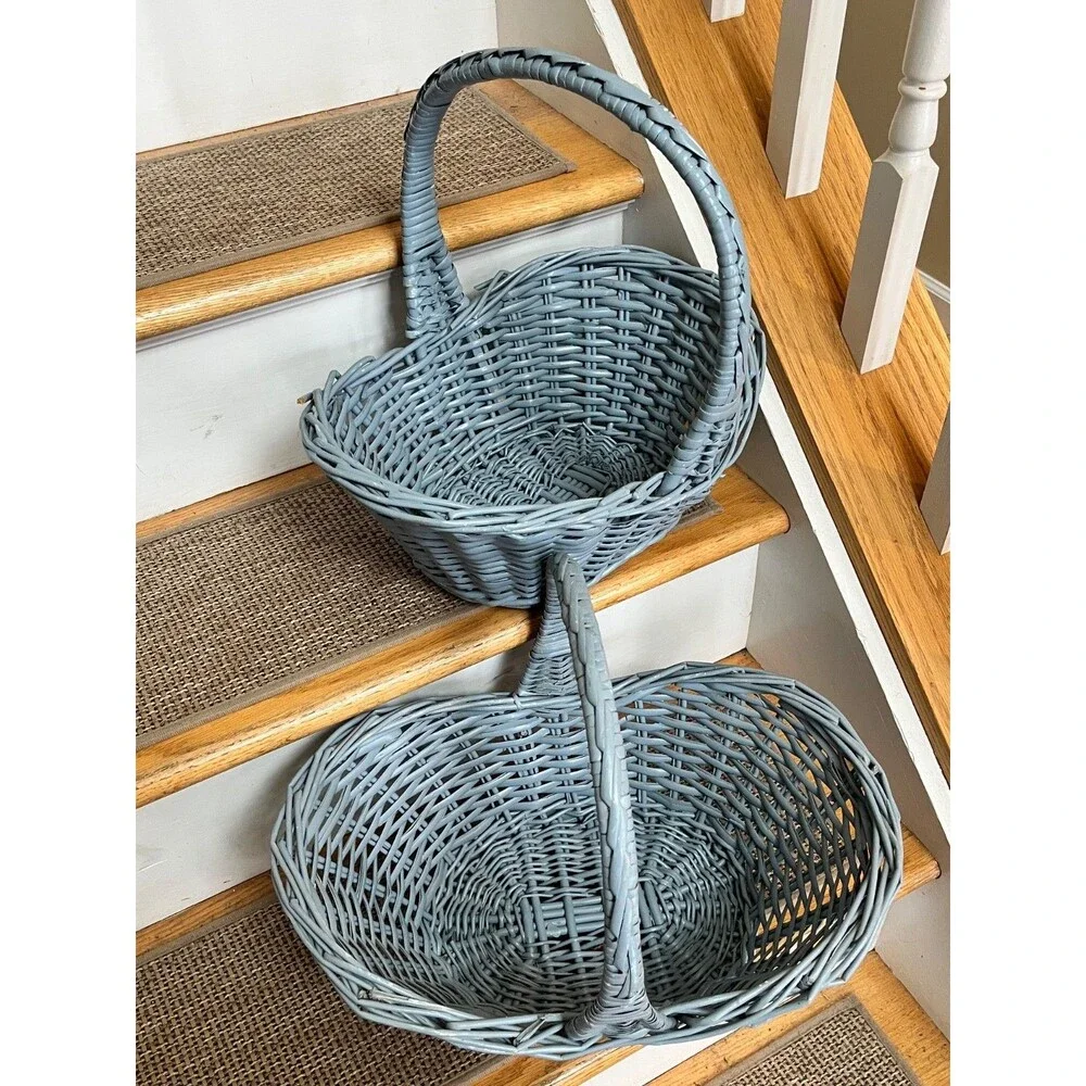 Vintage Primitive Grey Blue Rustic Buttocks Baskets (Set Of 2) Farmhouse Decor